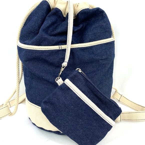 Unbranded Blue Denim Unisex Medium Backpack Cream Straps Trim Zip Pouch Included - Picture 3 of 9